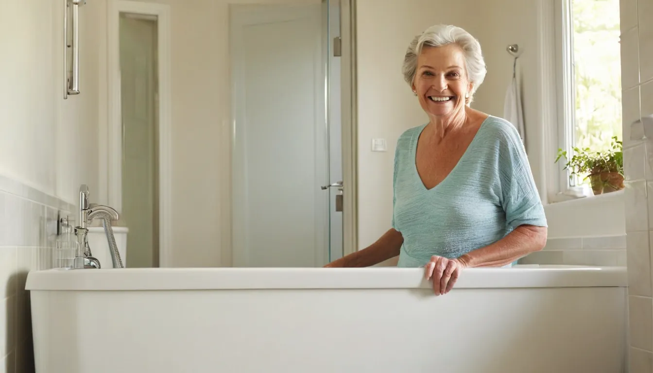 Smiling older homeowner stepping into a walk-in tub in a bright bathroom in DISH